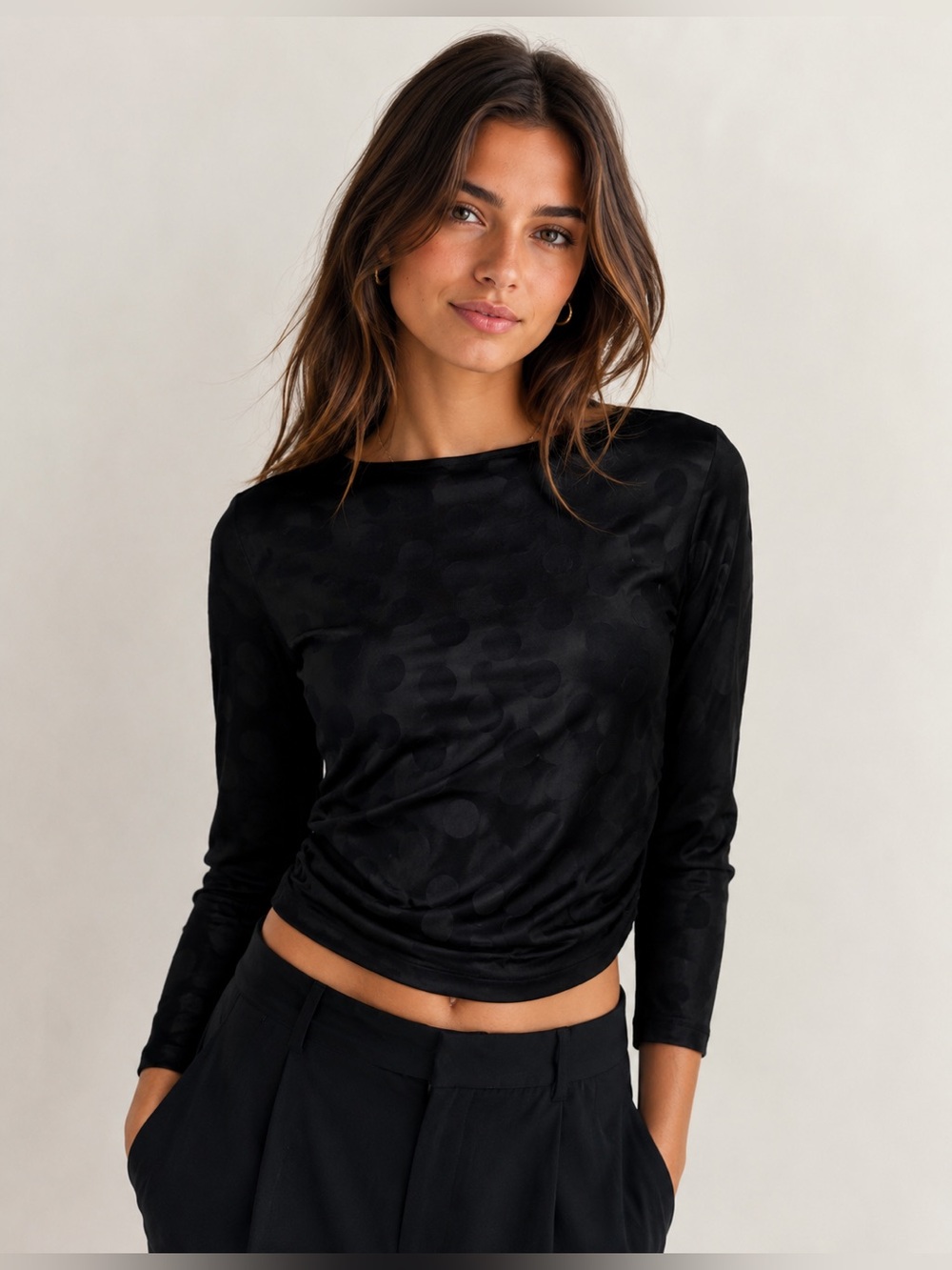 NEW Zara Black Long Sleeve Polka Dot Crop Top 583
